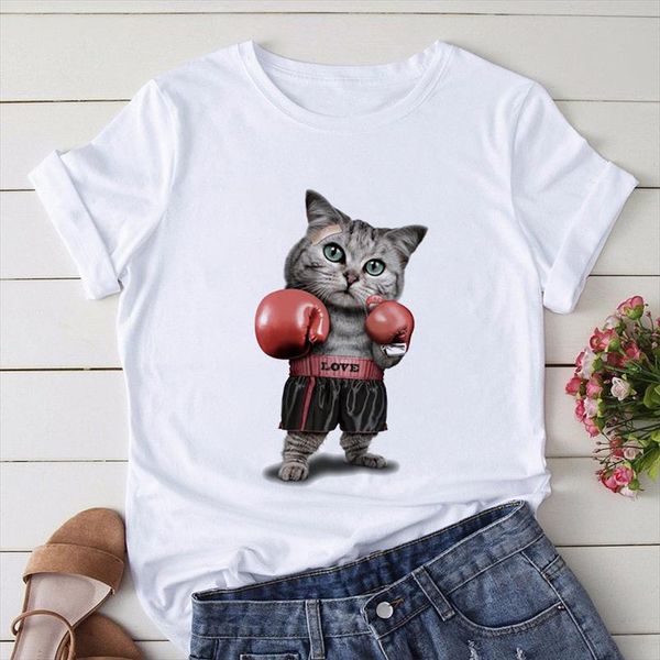 

funny cartoon cat printed t shirt women tees harajuku kawaii short sleeve ulzzang t shirt femme camisetas mujer 2021, White