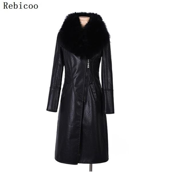 

rebicoo pu leather faux fur women long coat casual plus size 5xl slim coat black faux fur collar jacket coat casaco 201020