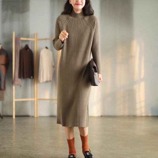 

winter long sweater dress women retro loose all-match dress ladies new o-neck striped casual, Black;gray