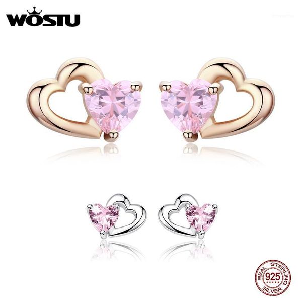 

wostu genuine 925 sterling silver double heart shape pink cz romantic stud earrings for women wedding jewelry gift fie0901, Golden;silver