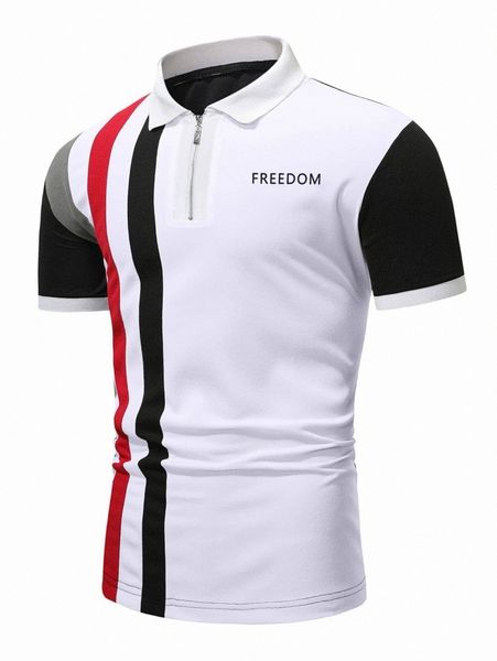 

men letter graphic quarter zip colorblock polo shirt h5pi#, White;black