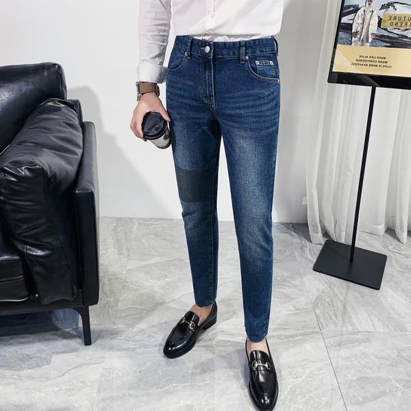 

dark blue all match korean slim fit elastic skinny jeans men clothes 2020 knee patchwork color streetwear casual denim trousers