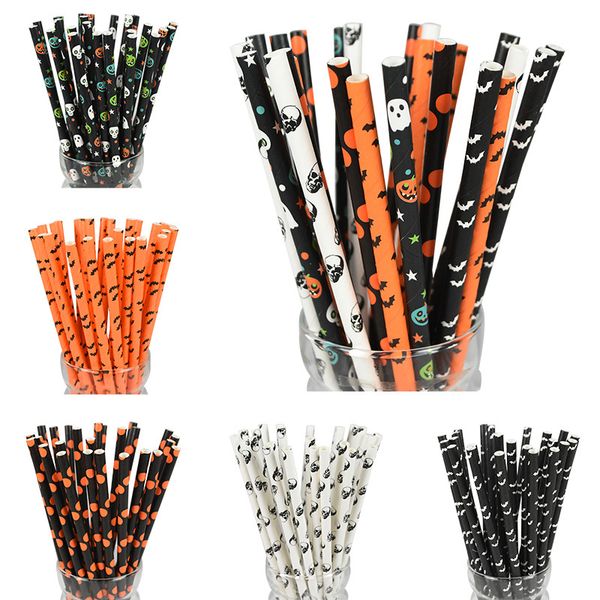 

25pcs halloween decor paper skull pumpkin bat ghost disposable drinking straws for festival party bar supplies