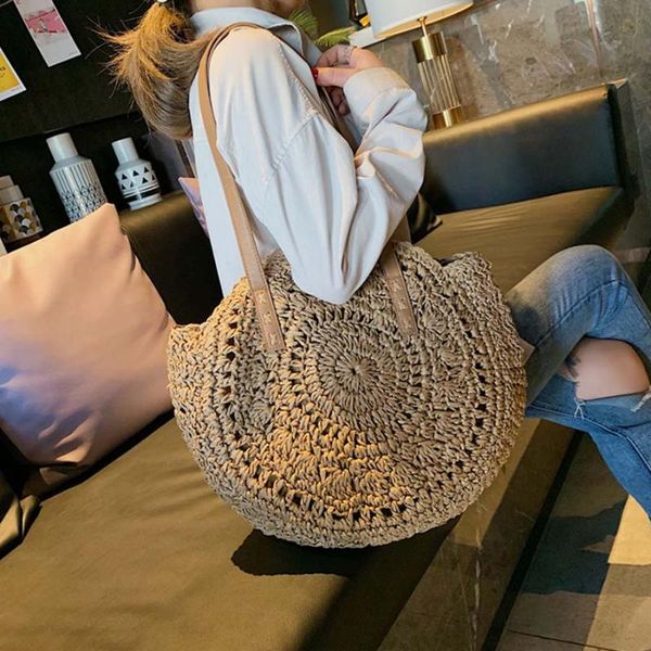 

women casual rattan shoulder bag female circular straw handbags circle large cipacity totes ladies round travel beach bag sac
