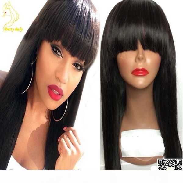 

malaysian human hair wigs with bangs silky straight lace front human hair wig glueless full lace wigs for black women, Black;brown