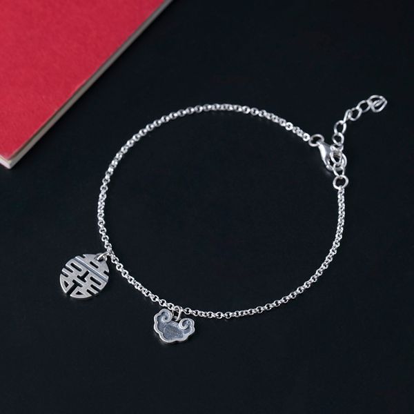 

2020 new s925 silver hollow double happiness character for women's simple personality old long life lock jewelry bracelet bracelet 9ifo, Golden;silver