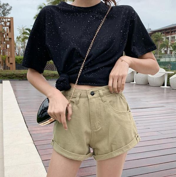 

summer high waist a-line korean loose curled shorts1, Blue