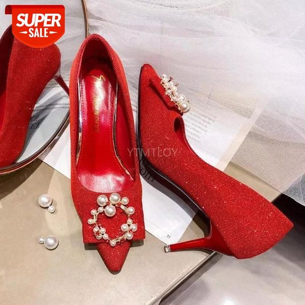 

wedding shoes new pointed-toe pearl shallow mouth red party high heels slip-on zapatos rojos mujer #7g09, Black