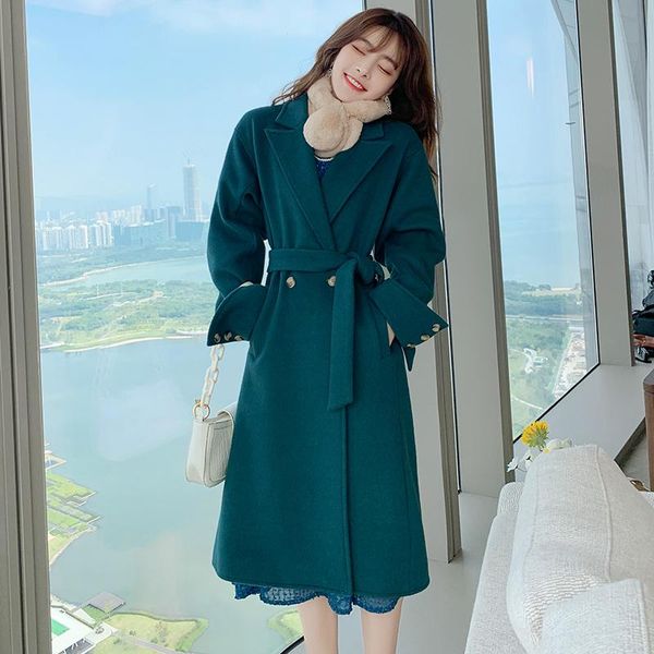 

fashion women's double-sided woolen coat for fall/winter 2020 new temperament bandage waist mid-length woolen coat, Black