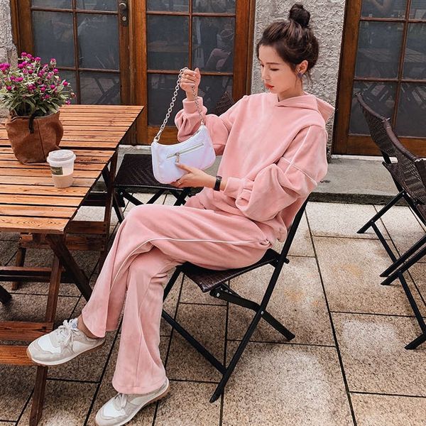 

vipwinter loose korean thin student sports suit women's thickened plush gold silk hooded sweater two piece leisure, Gray