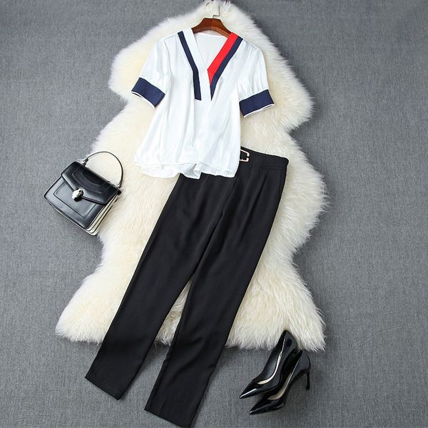 

2020 summer suit pants suit pants set women's new color matching v-neck irregular + sagging small leg capris set t11066 khhqd, Gray