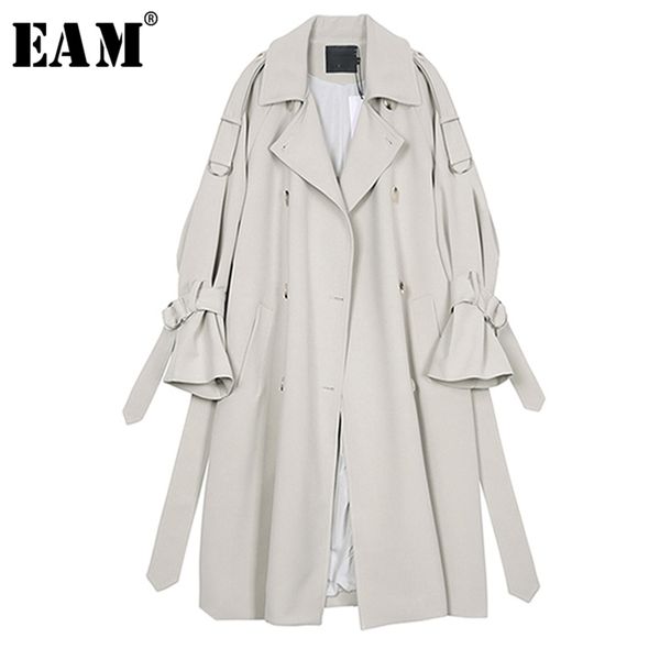 

[eam] new spring autumn lapel long sleeve gray waist bandage big size long windbreaker women trench fashion tide jr677 201211, Tan;black