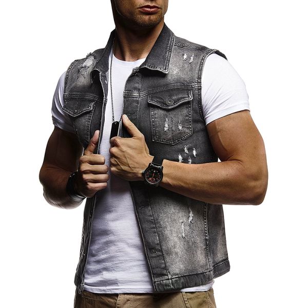 

men's denim vest trim wash hole leisure sports exercise jacket, Black;white