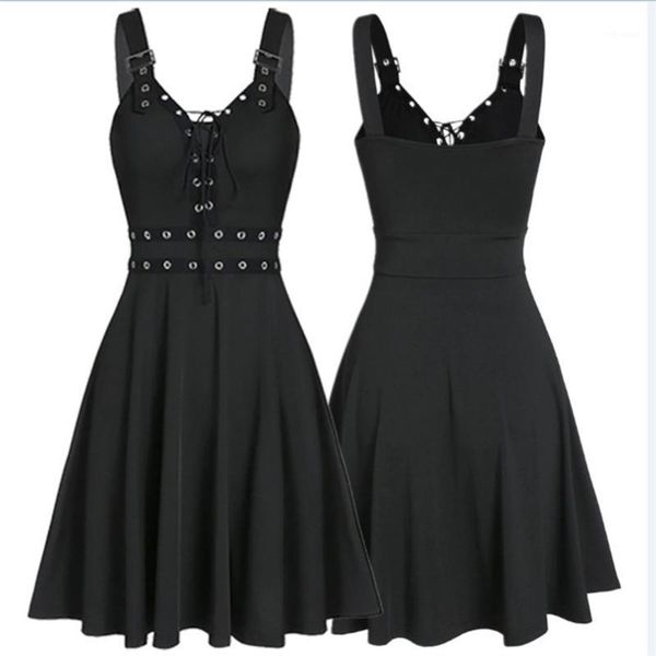 

elegant ladies dress retro gothic punk strap stitching party sleeveless dress street harajuku style ladies clothes1, Black;gray