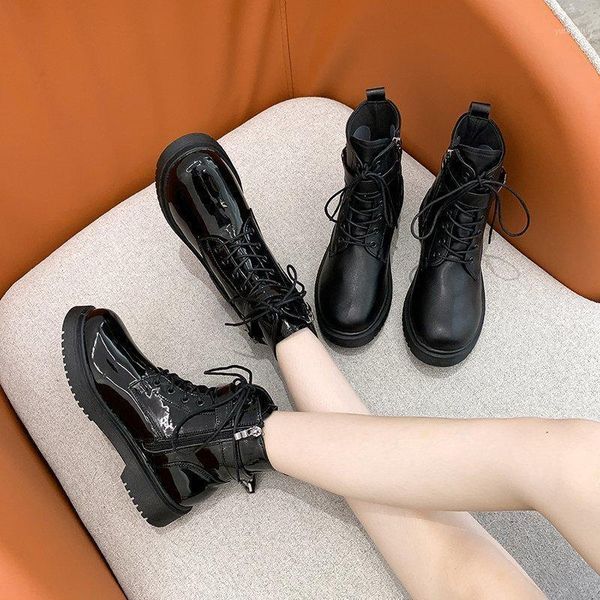 

mid heels leather boots ankle boots for women shoes woman thick bottom buckle strap lace up winter botas mujer plus size1, Black