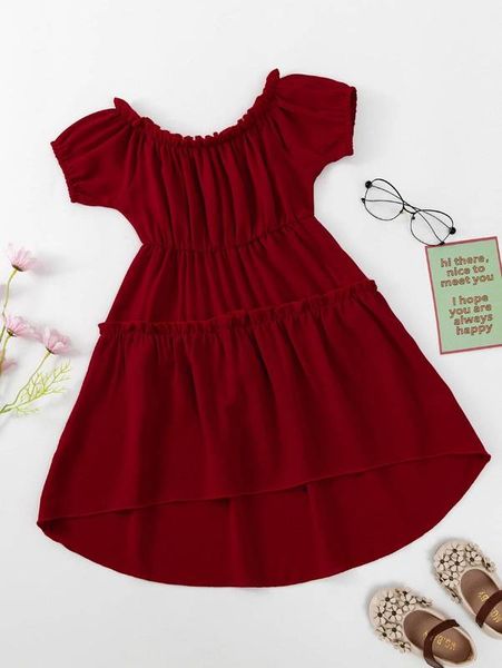 

toddler girls frilled puff sleeve high low ruffle hem dress she, Red;yellow