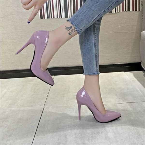 

lady women shoes pointed toe pumps patent leather dress high heels boat shoes wedding zapatos mujer white blue red, Black
