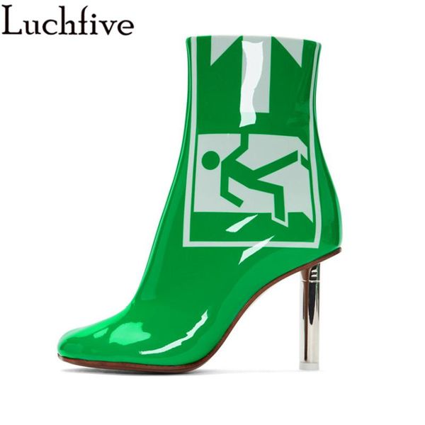 

2020 new classic lighter inspired 10 cm high heels short boots green genuine leather painting letter ankle boots for women, Black