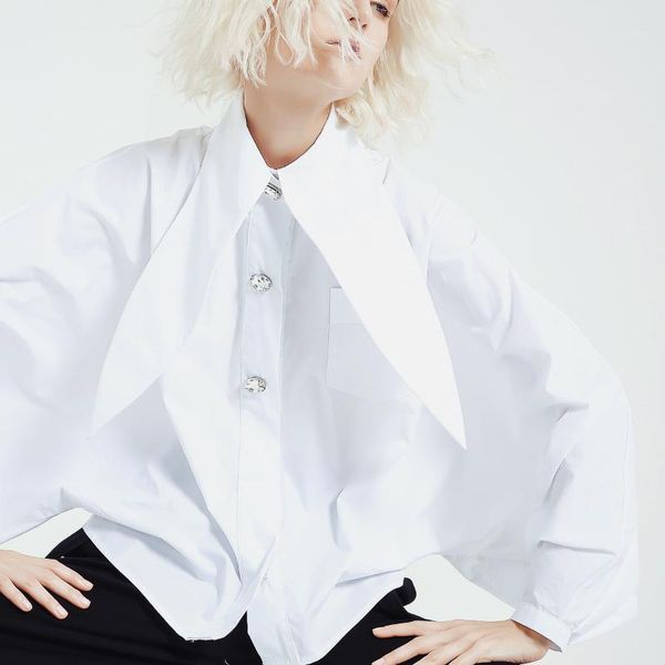 

2020 new spring summer lapel long lantern sleeve nailed temperament large size brief shirt women blouse fashion1, White