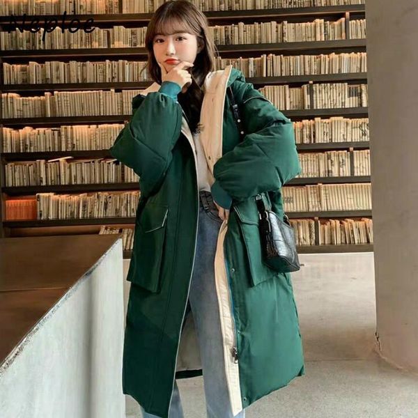 

neploe woman clothing 2021 new mid-length parkas loose hooded winter women jacket fashion harajuku big pockets cotton coat, Black;brown