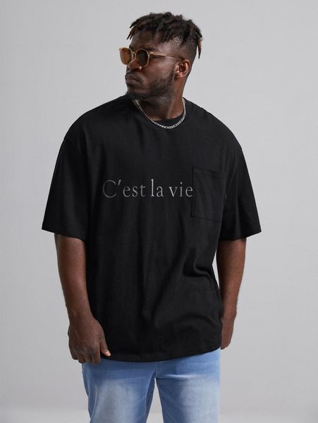 

extended sizes men slogan graphic patch pocket tee k8f1#, White;black