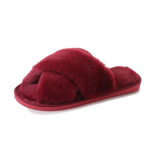 

winter women warm faux fur home slippers ladies cross soft plush furry female open toe women house shoes fashion woman slippers y201026, Black