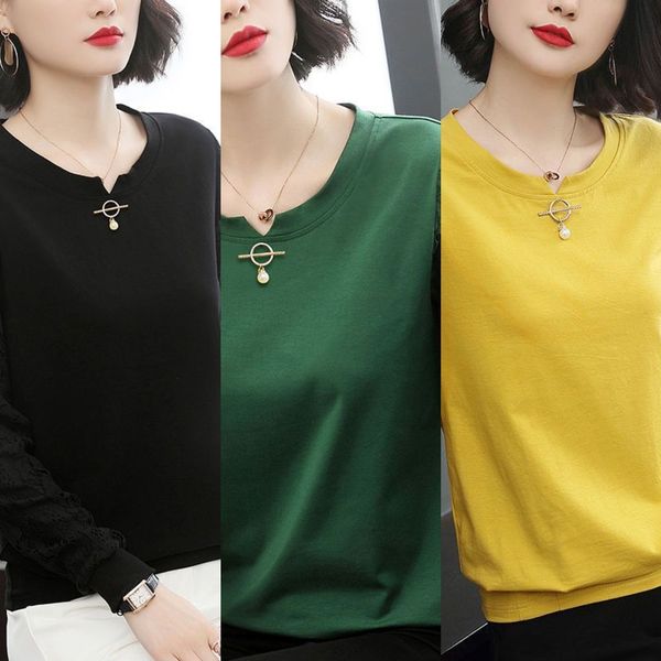 

95cotton long sleeve t-shirt women's new fall 2020 women's lace sleeve lace shirtt- loose large size show thin bottoming shirt z0h, White