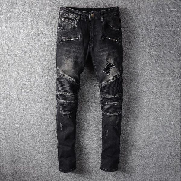 

american streetwear fashion men jeans black color spliced designer hip hop punk pants slim fit biker jeans homme1, Blue