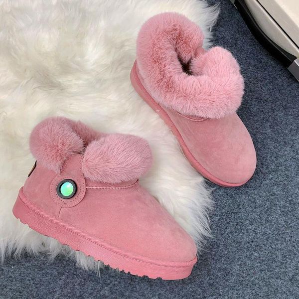 

belt buckle women winter snow boots handmade plus velvet female warm fur female ankle boots cotton ladies flat, Black