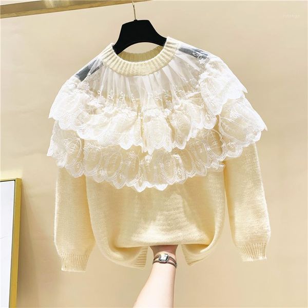 

2020 new fashion o neck pullover lace patchwork solid full sweaters for women1, White;black