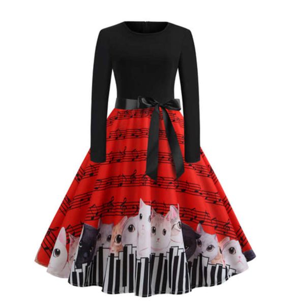 

print hepburn wind waist note kitten bow swing dress, Black;gray