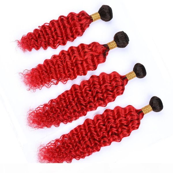 

bright red ombre deep wave indian virgin human hair 4bundles 1b red black roots ombre human hair weave extensions 10-30" mixed length, Black;brown