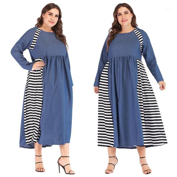 

plus size women denim long sleeve dress striped patchwork abaya loose kaftan party robe islamic casual abayas arab caftan dress1, Red
