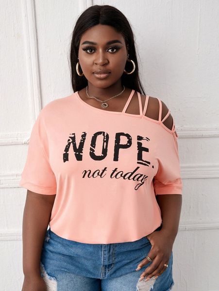 

sxy plus slogan graphic asymmetrical neck tee g9c2#, Black