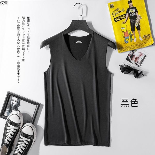 

men's ice silk seamless v-neck vest fashion brand sleeveless t-shirt slim fit summer fitness sports tight youth, White;black