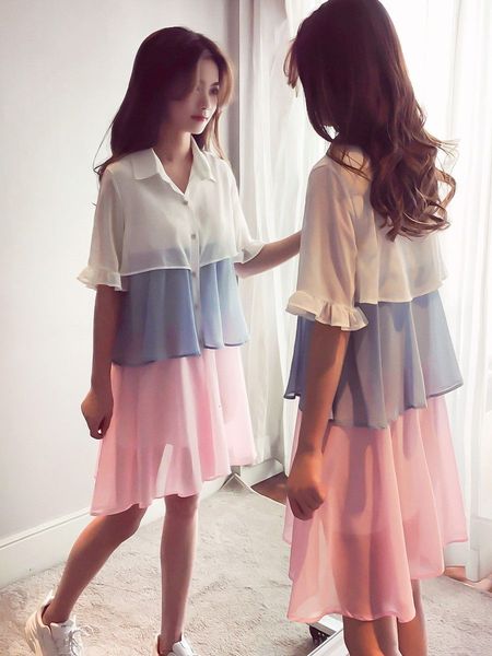 

large chiffon t-shirt skirt summer women's medium long color matching short sleeve student design sense small base coat