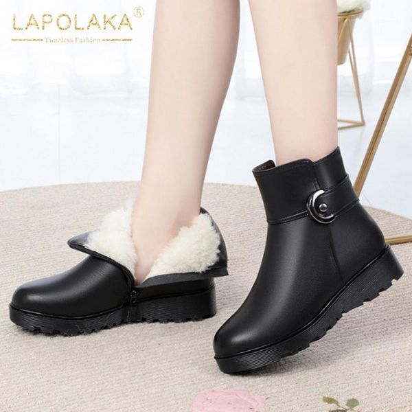 

boots lapolaka 2021 design comfortable warm winter woman shoes genuine leather comfy wool lining zipper snow female1, Black