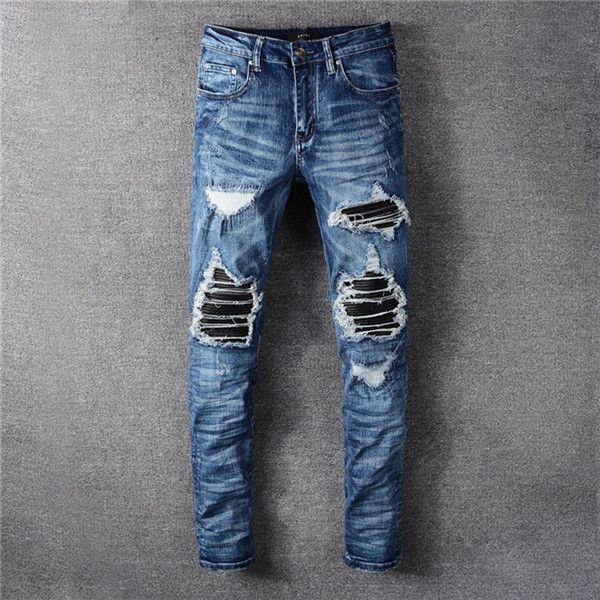 

2020 mens jeans distressed motorcycle biker jeans skinny slim ripped hole sky blue denim pants men designer jeans