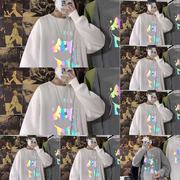 

tzjui 2020 autumn new fashion loose men's for base shirt colorful pullover shirtsweater shirtreflective pullover sweater large size shi, Black