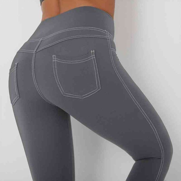 

women leggings pocket seamless high waist fitness leggings push up gym pants workout elasticity female imitate cowboy, Black