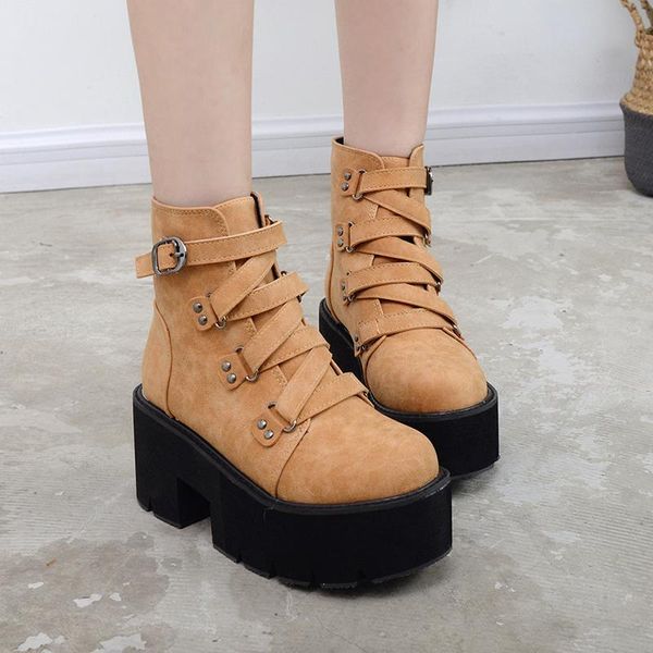 

boots drop spring autumn ankle women platform rubber sole buckle black leather pu high heels shoes woman comfortable