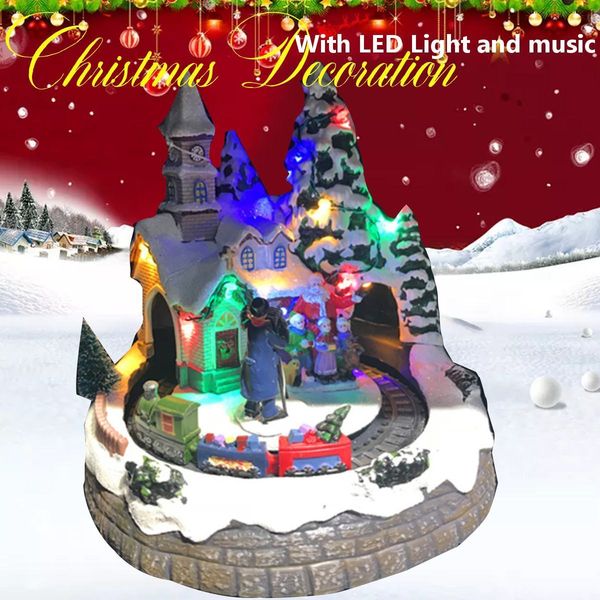 

resin houses lighted animated christmas village miniature scene with church train station and colorful led