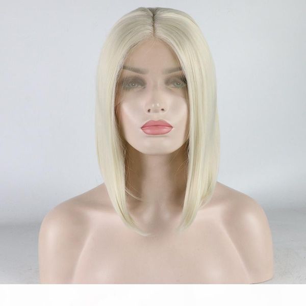 

platinum blonde bob wig short cut for white women heat resistant fiber hair glueless blonde synthetic lace front bob wigs middle part, Black;brown