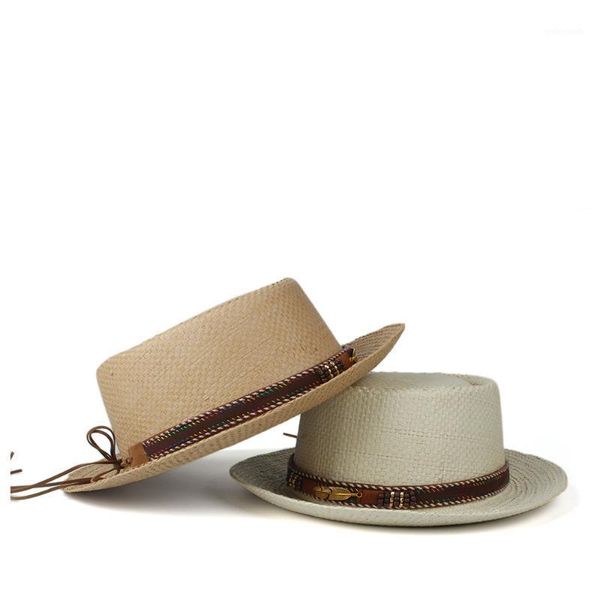 

2020 new women men sun hat summer straw pork pie hat sunbonnet lady flat boater beach panama sunhat boater size 57-60cm1, Blue;gray