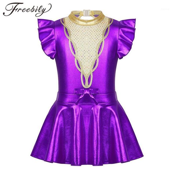 

kids shiny sequins metallic gymnastics leotard with skirt set girls ballet dress outfit showman stage performance dance costume1, Black;red