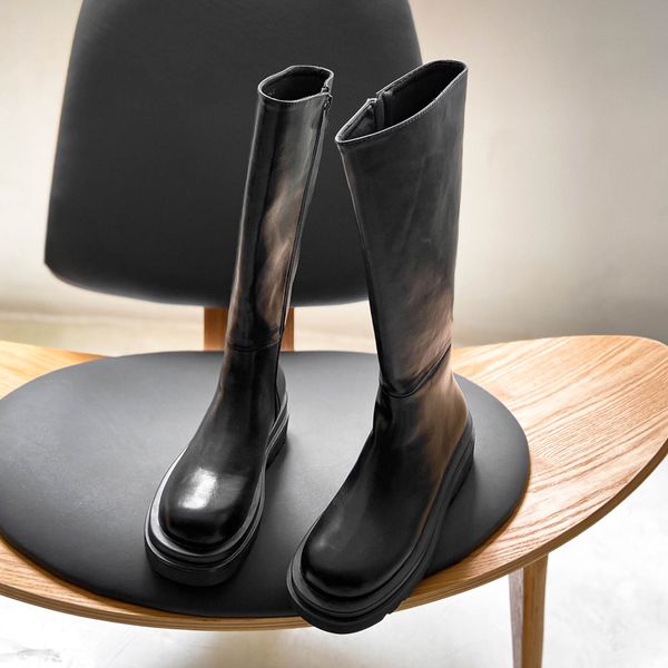 

deat 2020 new autumn fashion casual flat-soled black leather thick-soled high-single shoes women long cool boots sf127