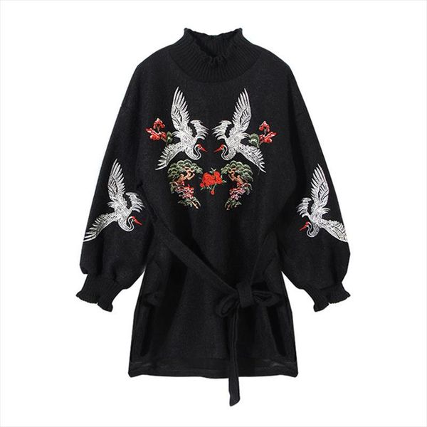 

black beige embroidery crane sash puff sleeve stand collar loose sweatshirt pullover women winter autumn elegant d0818