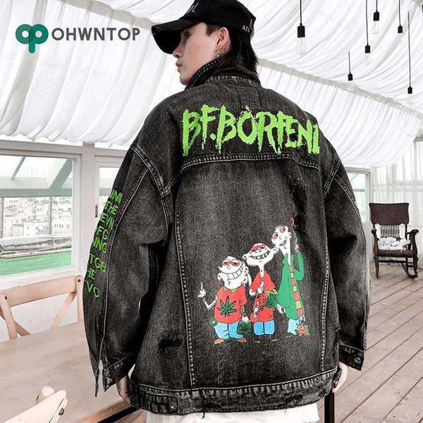 

men jacket casual hip hop jeans jacket funny cartoon letter print denim coats men women lovers coat clothing streetwear1, Black;brown
