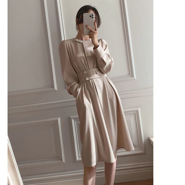 

2021 new casual elegant women office midi female o-neck long sleeve autumn fashion korean high waist party dress ladies s2ee, Black;gray