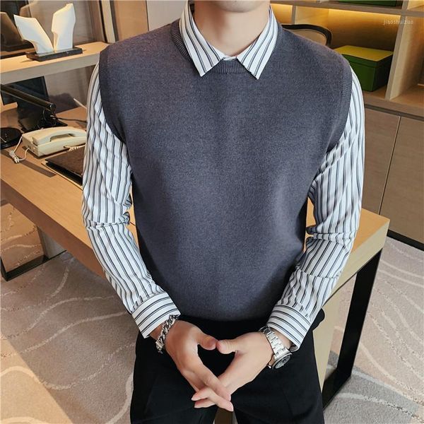 

shirt spliced fake-2pieces sweater men clothing 2020 fashion slim fit business casual pull homme formal wear 3xl-m1, White;black